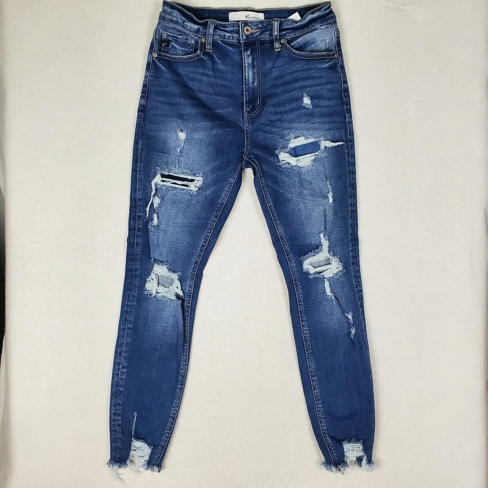 KanCan High Rise Ankle Skinny Jeans Sz 5 26 Distressed Cropped Frayed Blue Denim